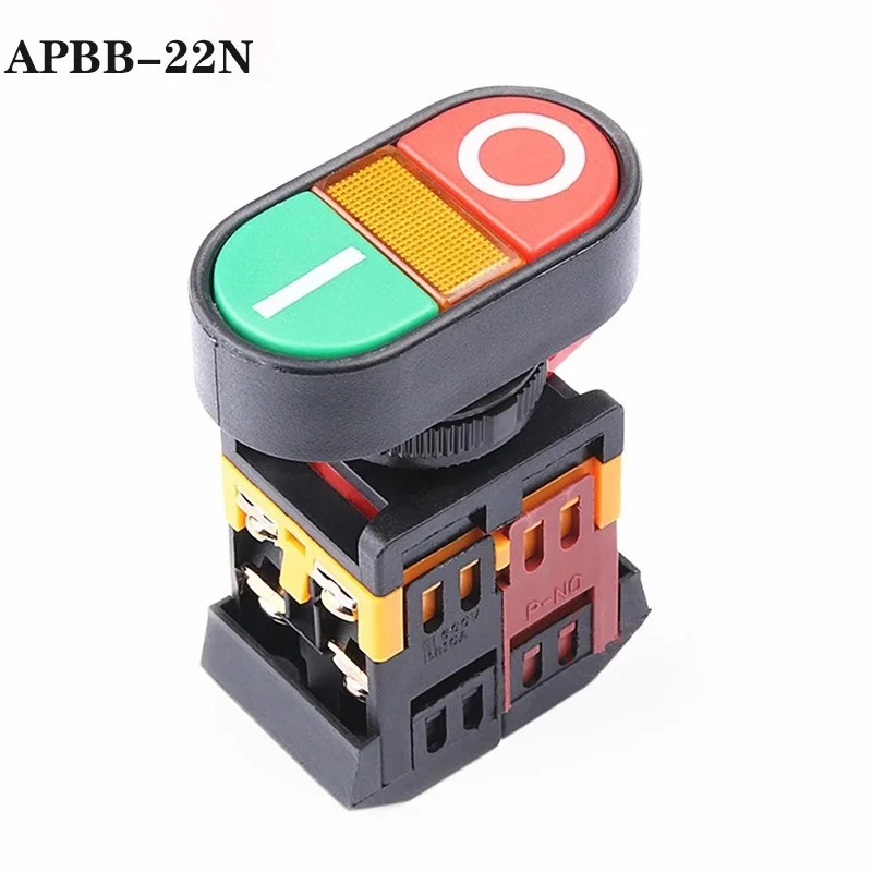 

APBB 22 мм 380 В 220 В переменного тока ВКЛ/ВЫКЛ START STOP 1NO 1NC 2 кнопки 22N Мгновенный двойной кнопочный переключатель со светодиодной желтой лампой 24 В