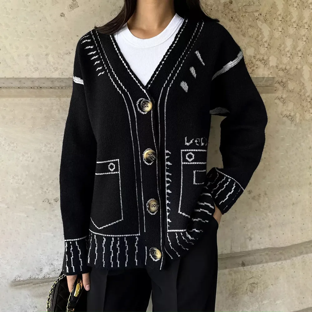 

Autumn Jacquard Knitted Cardigan Loose V-neck Jacket Single-Breasted Sweater Long Sleeve Coats Casual Harajuku Ladies Tops