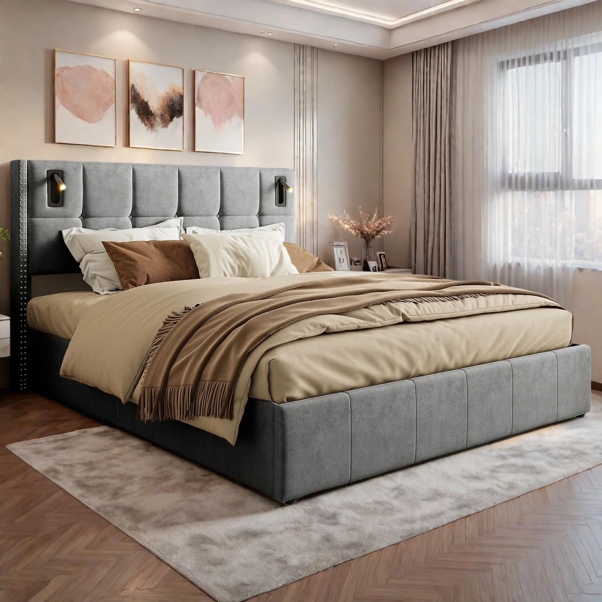 Anajqaqia Cama para Adolescentes de 140x200cm, Cama para Adultos, Cama Funcional con Luz de Lectura, con Espacio de Almacenamiento y Estructura de Listones, Terciopelo