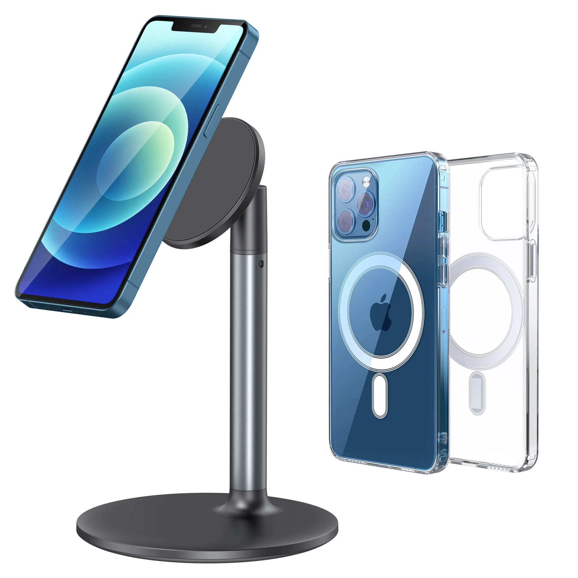 Magnetic Desk Phone Stand for iPhone16 15 14 13/12 - Phone Holder Dock with 360°Rotation, Height&Tilt Adjustable for Office/Home