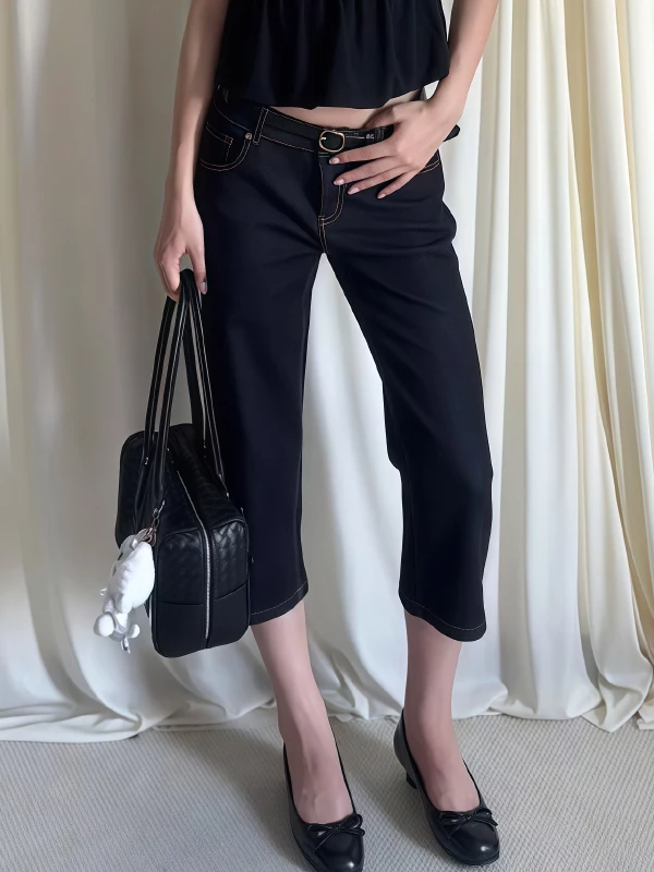 Retro American Low Waist Black Seven-Foot Pants Women's Summer Sexy Tight Straight Narrow Micro Flared Jeans Shorts