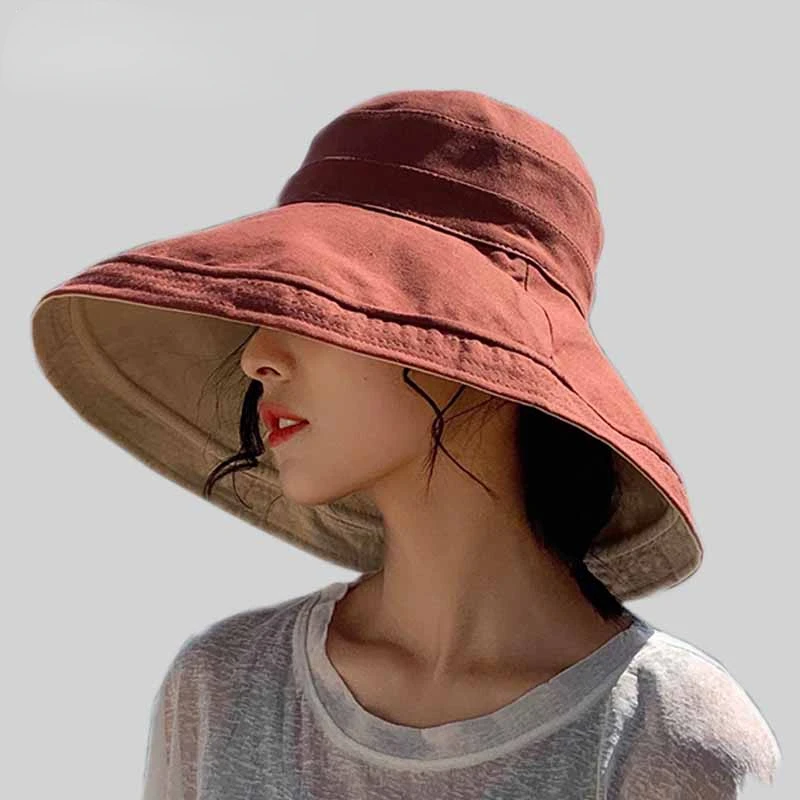 Reversible Foldable Cotton Sun Hat for Women Summer Wide Brim UV Protection Panama Beach Hat Ladies Girls Outdoor Korean Sea Hat
