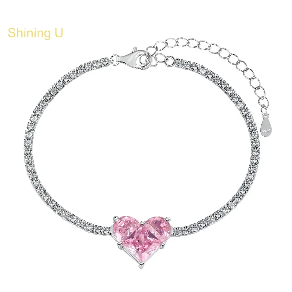 

Shining U S925 Silver Pink Heart Full Gems Pendant Bracelet for Women Fine Jewelry Gift