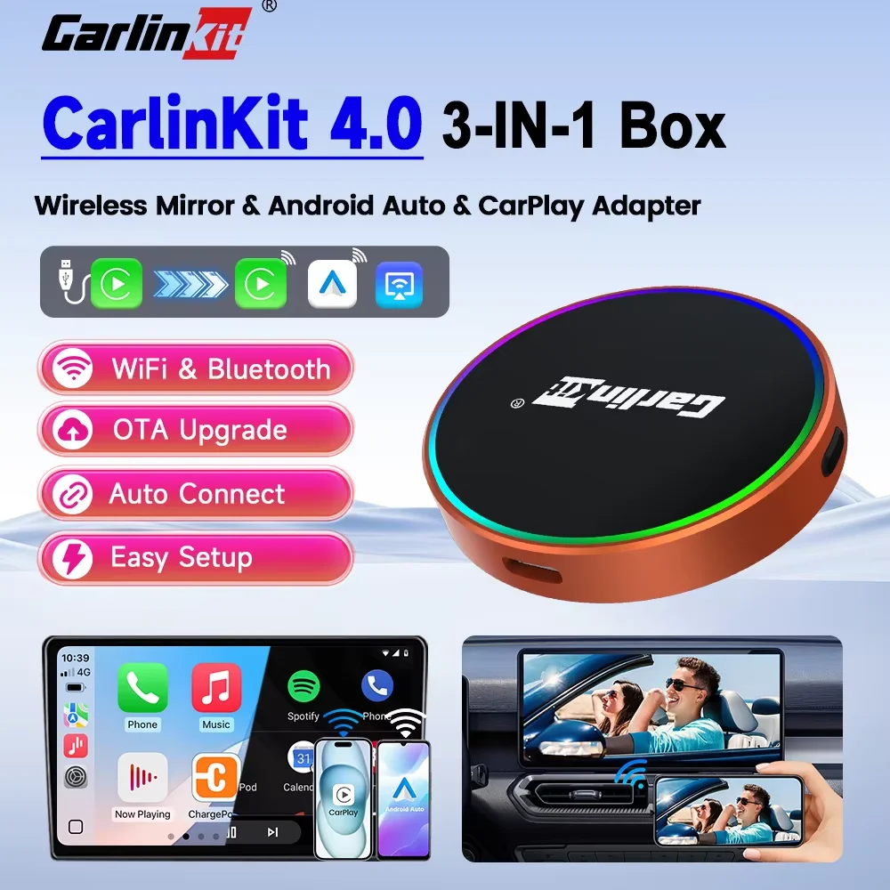 CarlinKit 4.0 3-In-1 Wireless Screen Mirroring Wireless Android Auto & CarPlay Adapter Online Upgrade Wireless Connect Phone