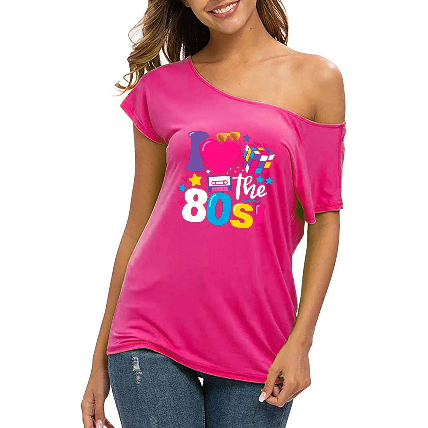 XUANSHOW 2024 Sommer I Love the 80s Emotional Element T-Shirt Sexy Off Shoulder Tops Kurzarm Buchstaben bedrucktes T-Shirt – Detail 17