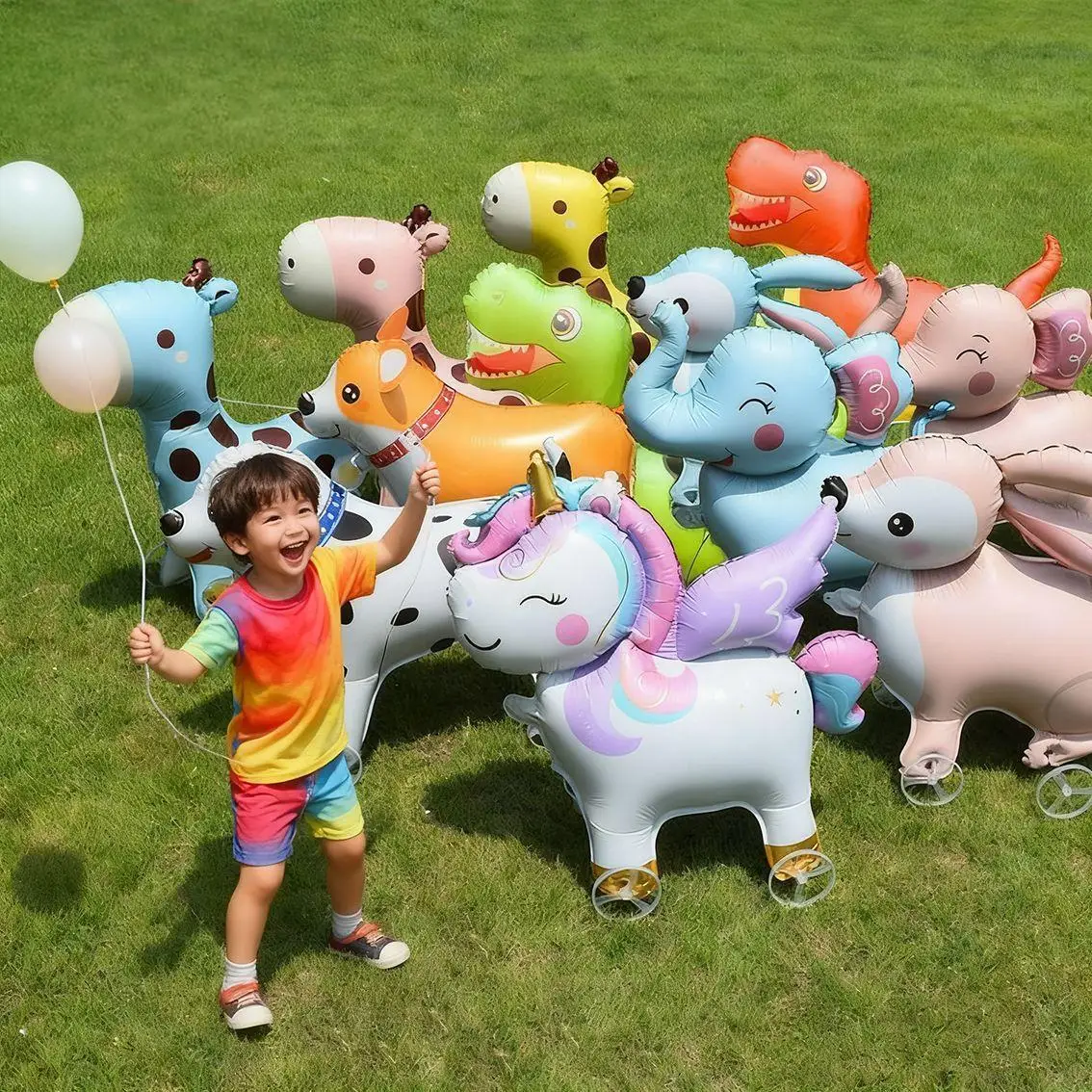 3Pcs Walking Animal Foil Balloons with Wheels & Air Pump, Cartoon Pull Along Balloon Kids Birthday Party Decor Photo Prop Gift