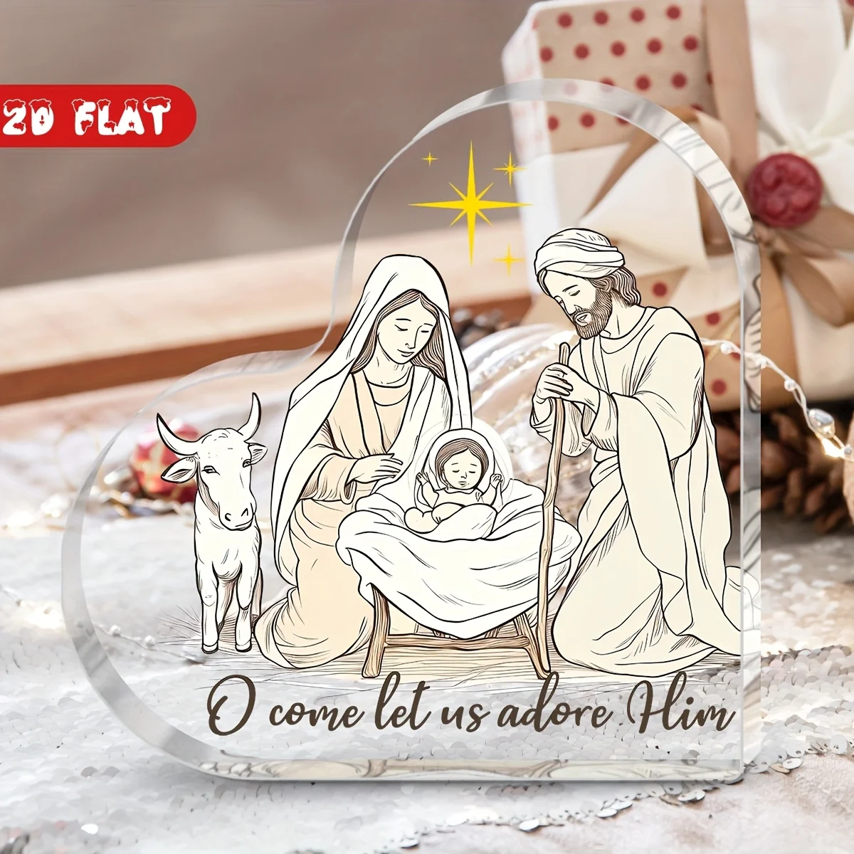 O Come Let Us Adore Him Heart‑Shaped Acrylic Tabletop Plaque, Nativity Scene Christmas Desk Decor