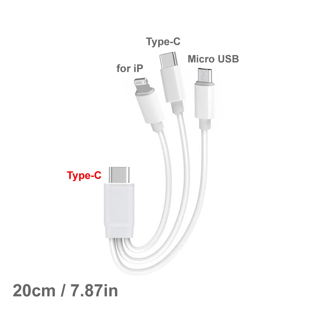 كابل شحن PD USB C لأجهزة متعددة سلك شحن قصير 3 في 1 كابل USB عالمي مع طاقة متنقلة IP/Micro USB/Type C