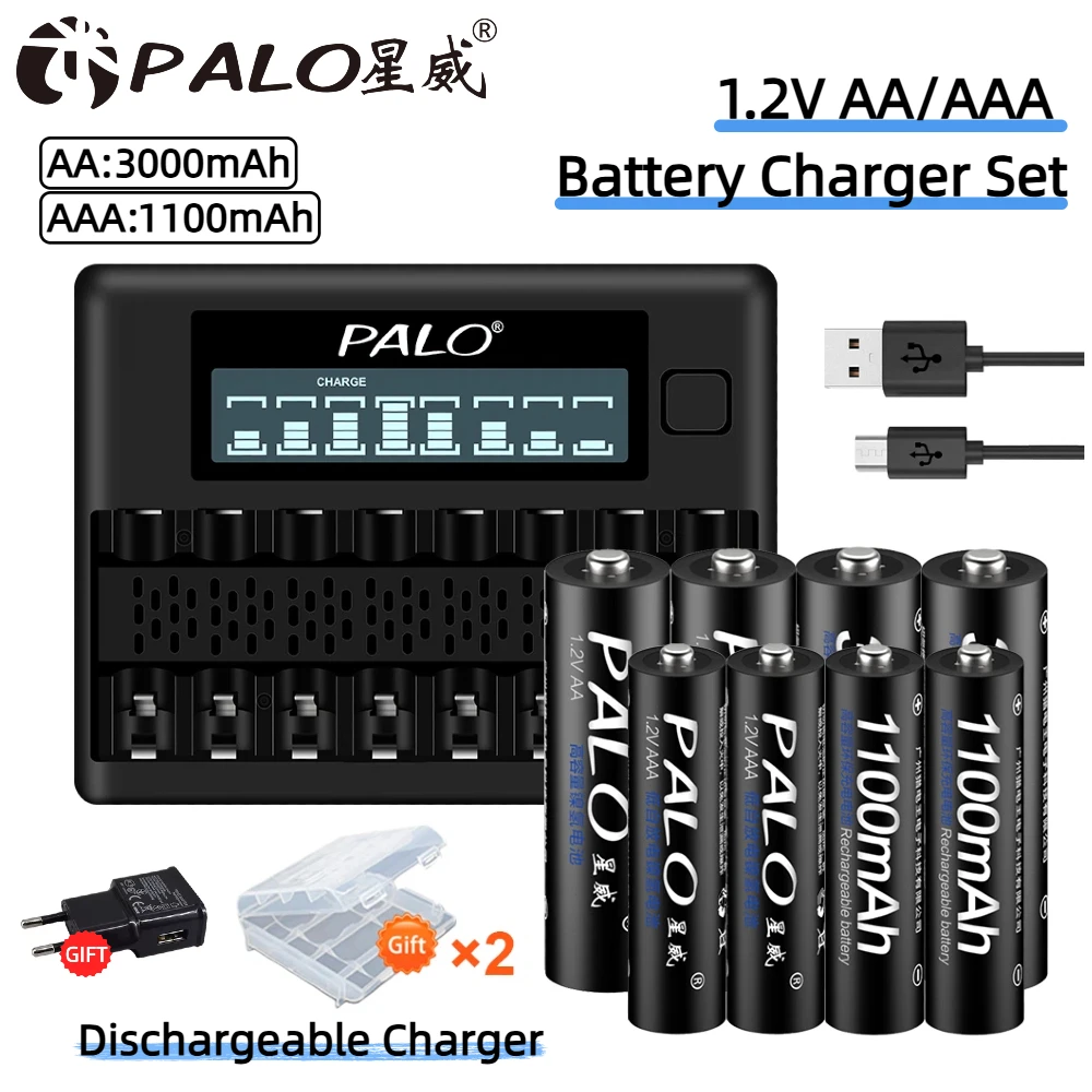 Ensemble de chargeurs de piles rechargeables PALO 1,2 V AA+AAA, AA 3000 mAh AAA 1100 mAh avec chargeur déchargeable à 8 emplacements, 4-8 pièces