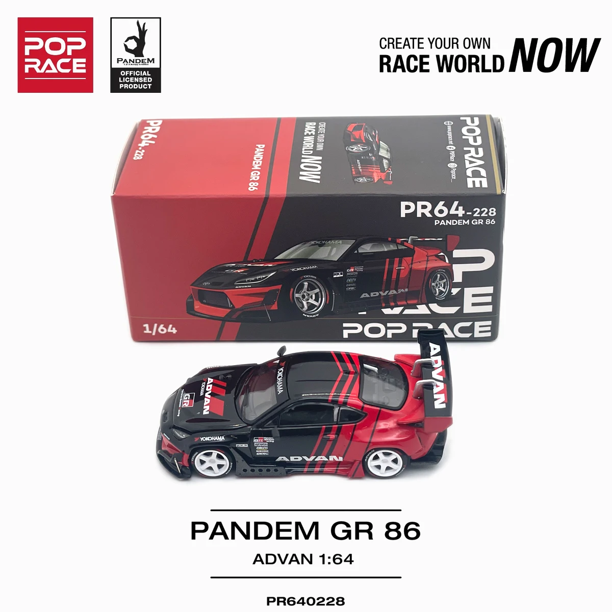In Stock Ready To Ship Pop Race PR640228 1:64 Pandem Toyota GR86 Advan Black Red Widebody Open Hood JDM Diecast Model Car view 4