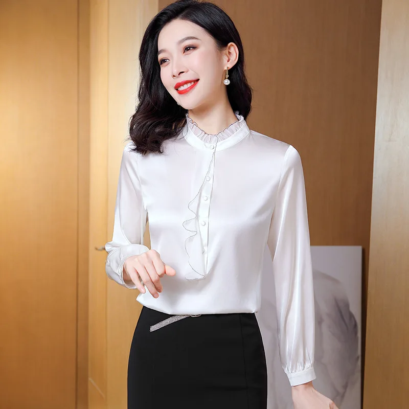 Birdtree 91.8%Real Silk Women Elegant Fashion Shirt Turn-down Solid All-match Blouses 2024 Spring Autumn Office Tops T3D986QM