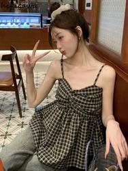 2024 Ropa Mujer Summer Tanks Women Clothing Sleeveless Sling Vest Vintage Folds Plaid Camis Loose Sweet Korean Y2k Crop Tops