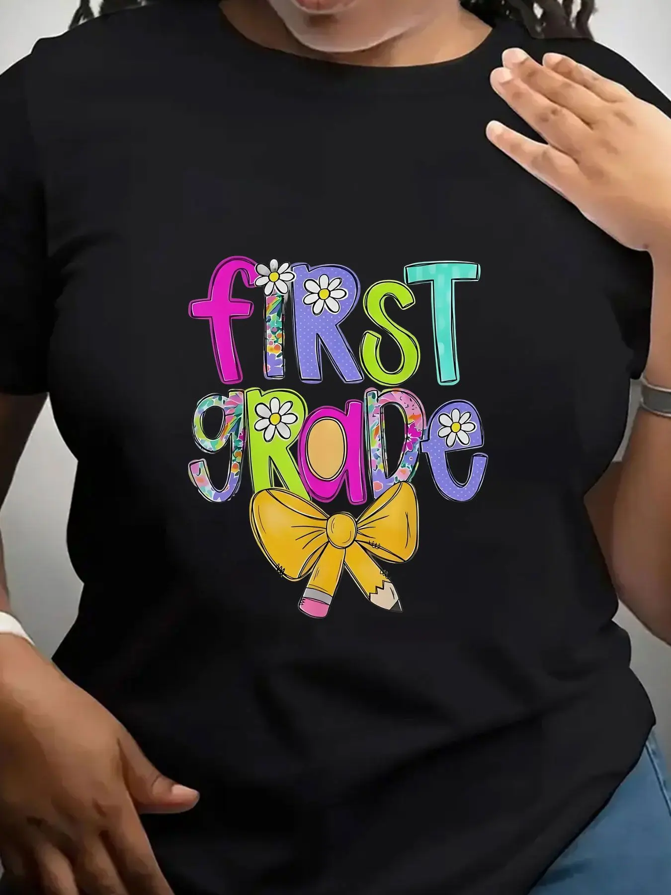 Women's Trendy Crew Neck T-Shirt First Grade Bow Pencil Print Suitable for Casual Sportswear