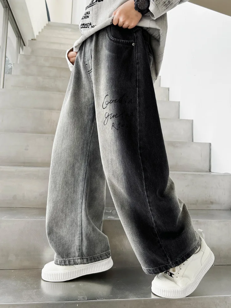 

Spring/Autumn Streetwear Big Boy Black Jeans with Gradient Tweens Child Baggy Jeans Pants Kids High Waist Wide Denim Trousers