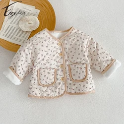 Engepapa Baby Girls Winter Padded Jacket Thickened Long Sleeves Girls Floral Coat Spring Baby Girls Pocket Cardigan Jacket