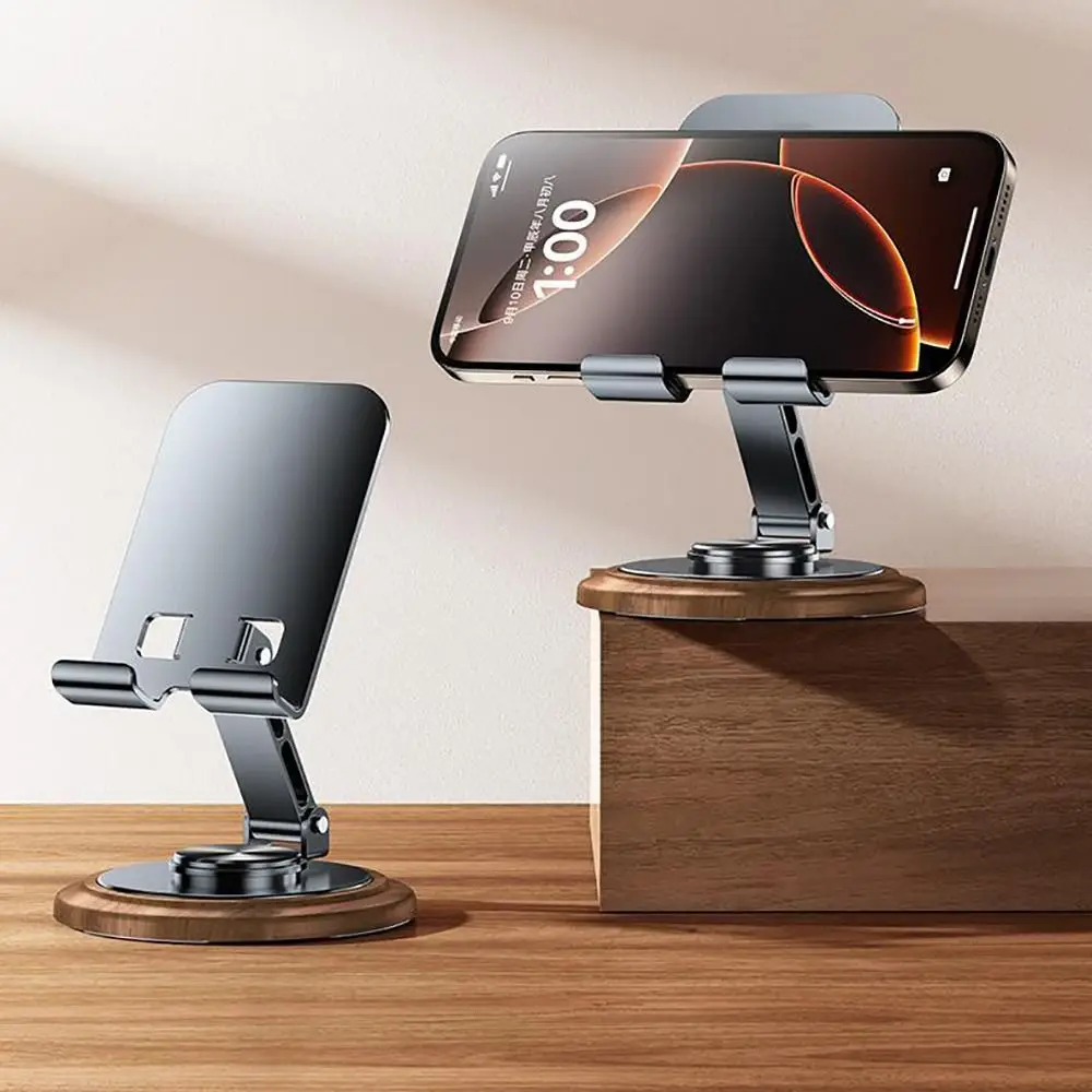 Professional Walnut Base Phone Holder Folding 360° Rotating Tablet Stand Metal Universal Cell Phone Bracket Live Streaming