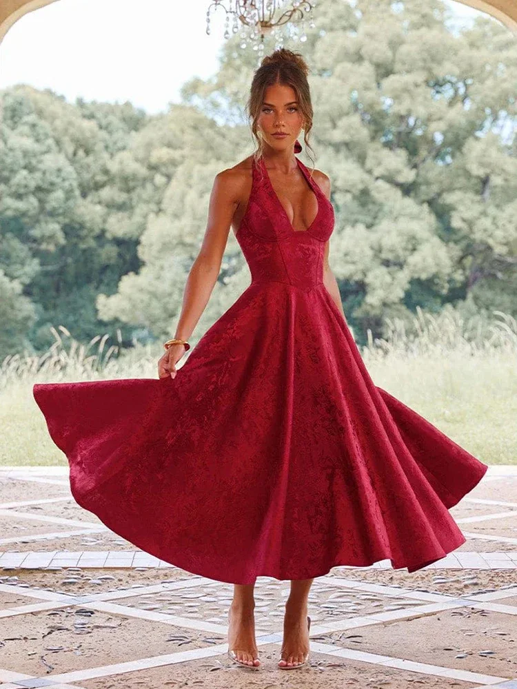 فستان جاكار عميق على شكل حرف V مثير على شكل حرف A للنساء لقضاء العطلات فستان صيفي أنيق للسهرة بدون ظهر فستان ميدي للحفلات #1