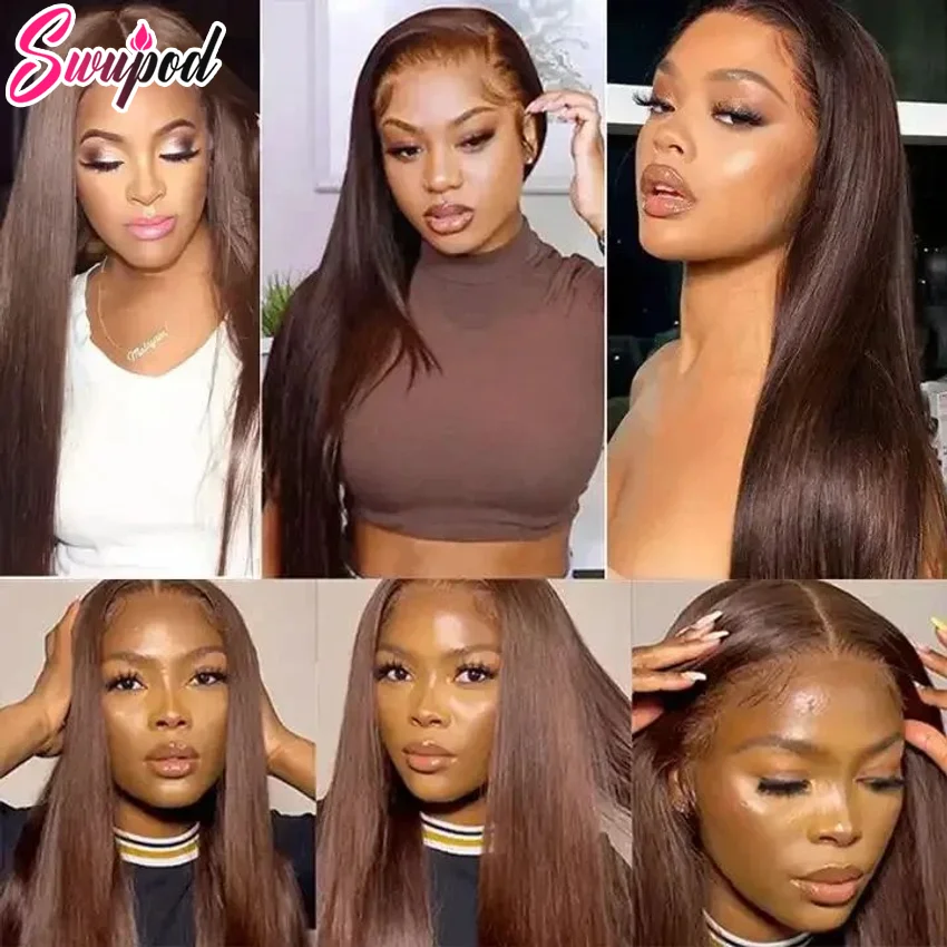 Swupod 13x4 13x6 HD Lace Front Wig for Women Silky Straight Remy Human Hair Dark Chocolate Brown Glueless Pre Plucked