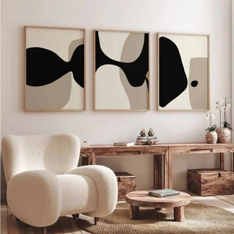 Modern Minimalist Neutral Gallery Wall Art Black and Beige Abstract Art Canvas Painting Nordic Simple Bedroom Frameless Wall Art