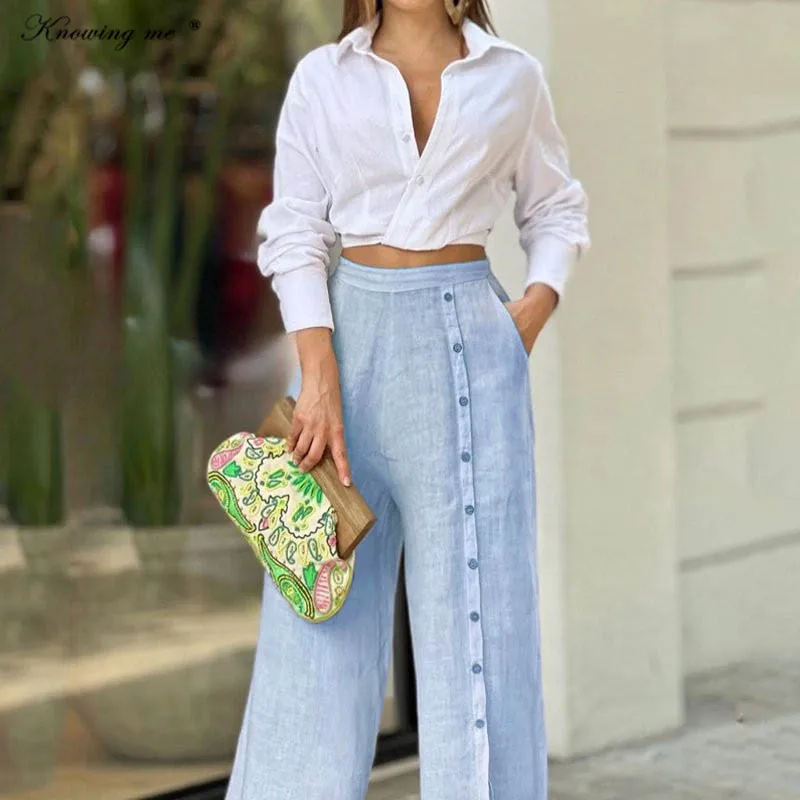 Women Summer 2pcs set Spring casual solid color crop top and buttons split long pants two piece set Female fashion blouse suit