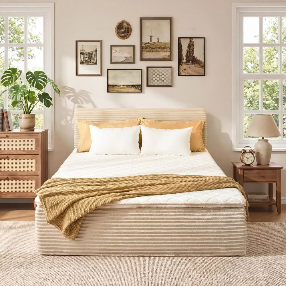 Boneless Bed Frame with Mattress, 16 Inch Memory Foam Mattress with Plush Fabric Upholstered Bed Frame Platform, No Assembly Re
