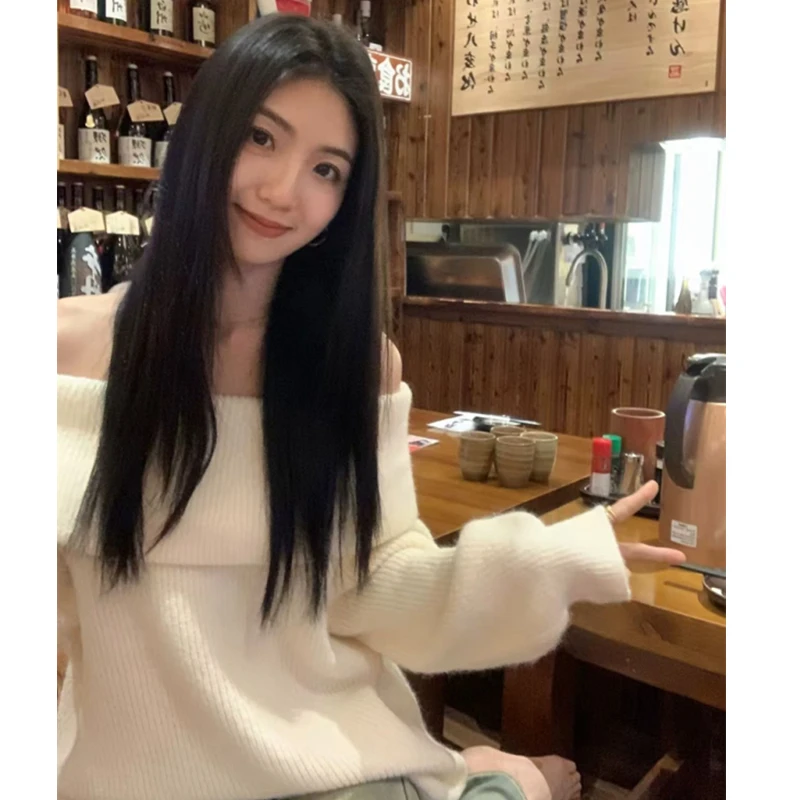 2025 Korean Version Shoulder-Bared Thickened Loose Knitted Sweater Women Autumn Winter High-End Feelings Casual High Quality Top