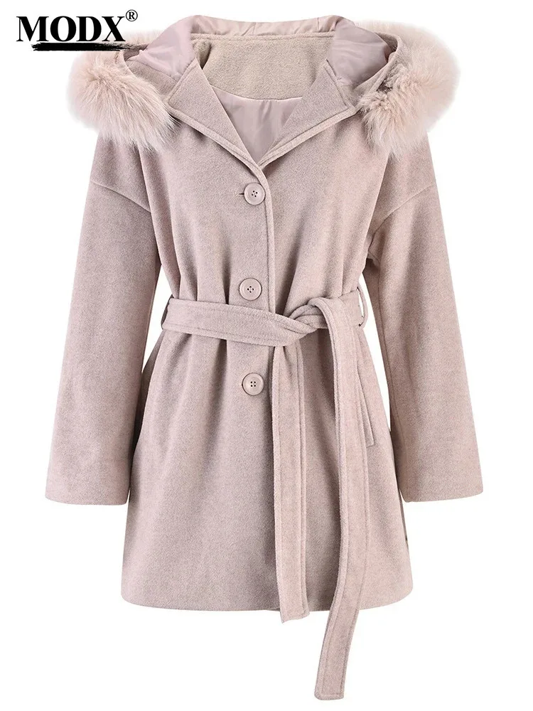 

[MODX] French Style Light Pink Woolen Coat For Autumn And Winter, Fashionable And High-end Big Fur Collar Hooded Jacket