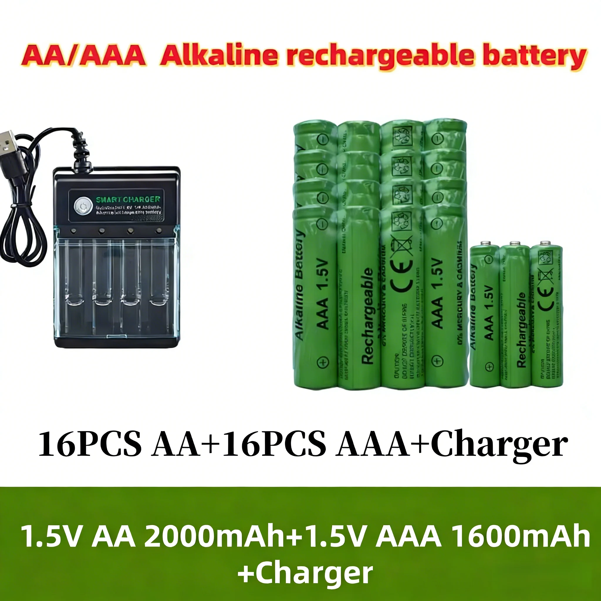 1.5V Alkaline Rechargeable Battery  AA LR6 AAA LR03+Charger for Computer Clock Radio Video Game Digital Camera AA AAA
