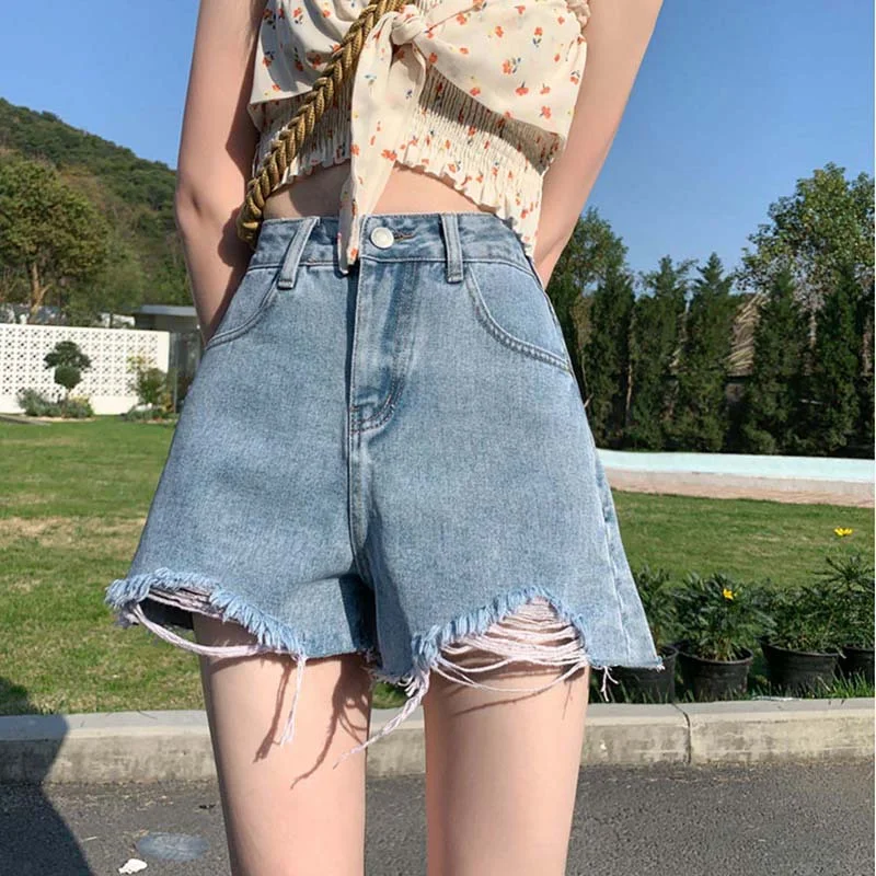 Pantaloncini di jeans effetto consumato a vita alta Donna Estate Nuovo coreano Pantaloni larghi a gamba larga A-Line Pantaloncini caldi Design con foro irregolare NZ026
