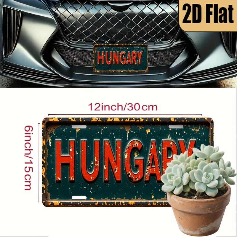 1pc Vintage Hungary License Plate - European Car Number Plate Replica, 6x12 Inch Polished Aluminum Hungarian Vehicle Sign for Wa