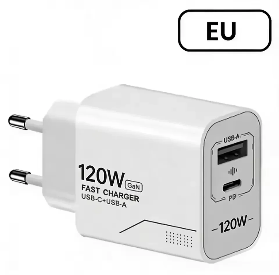 120W Fast Charging Charger 2-Port Wall Adapter US/EU Plug Phone GaN Charger Type C Charging Cable For iPhone Samsung Xiaomi
