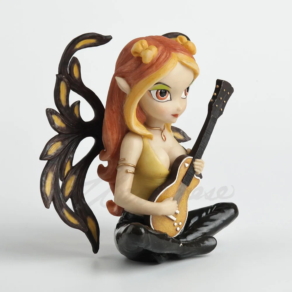 Rock Music Fairy Resin Statue Elf Girl Figurine With Electric Guitar Leaf‑Shaped Wings Home Desktop Decorative Ornament Gift