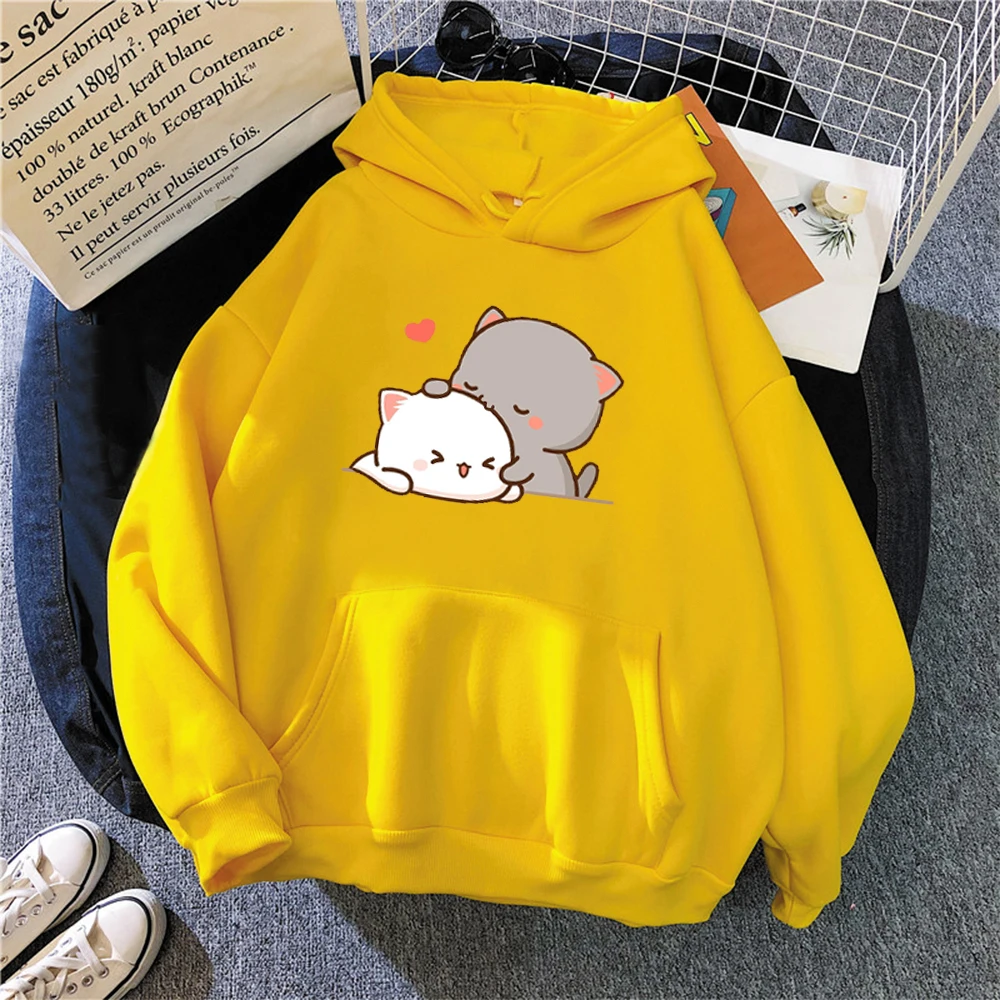 Peach Cat Kawaii Clothing Aesthetic Hoodie 2021 Cute Pink Tops Oversized Sweatshirt Women Cartoon Print Unisex Warm Streetwear