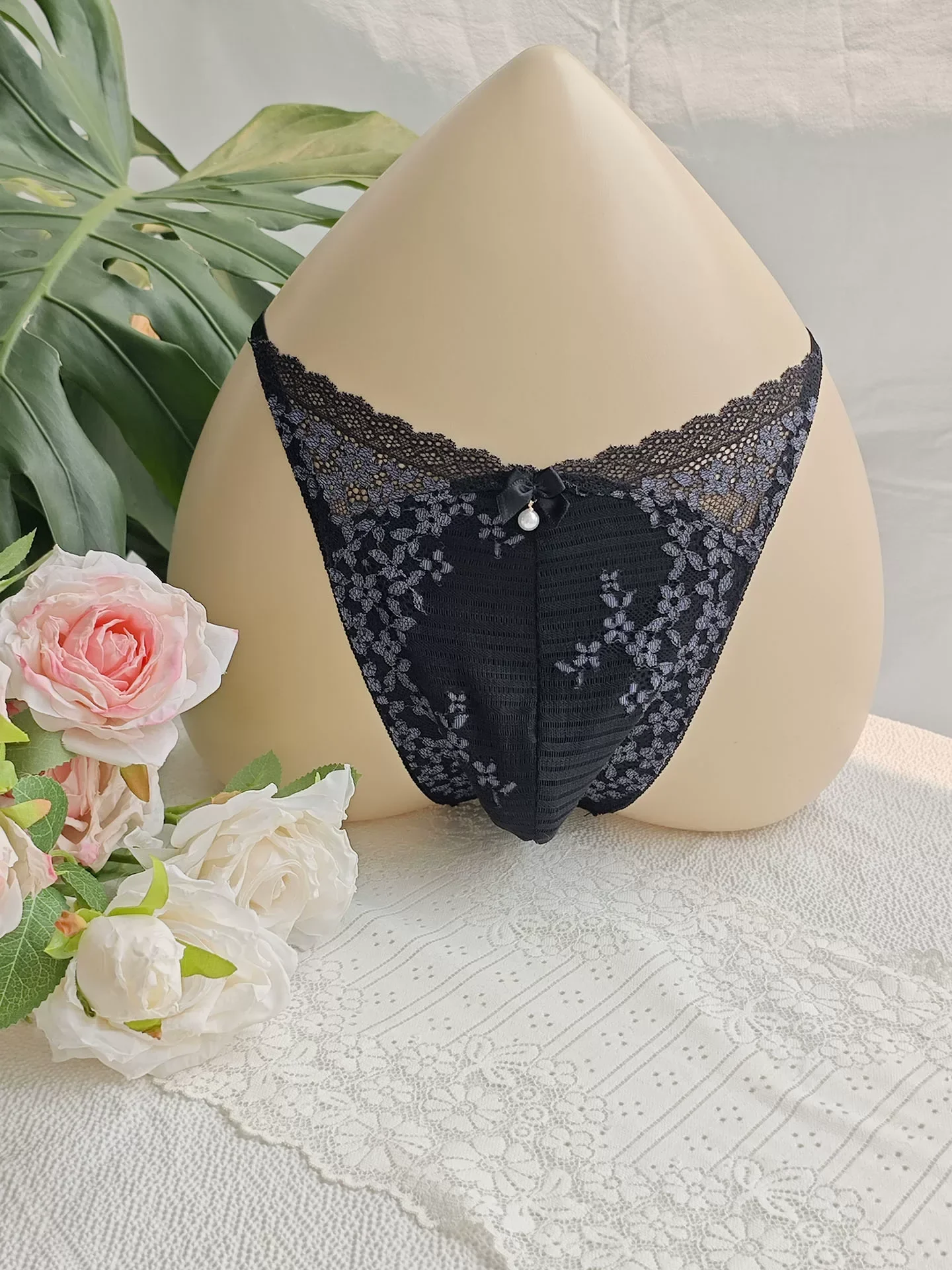 Calzoncillos de Encaje Negro para Hombre, Bordados a Mano, Azul Rosa, Regalos para Novios, Fiesta Privada FKK