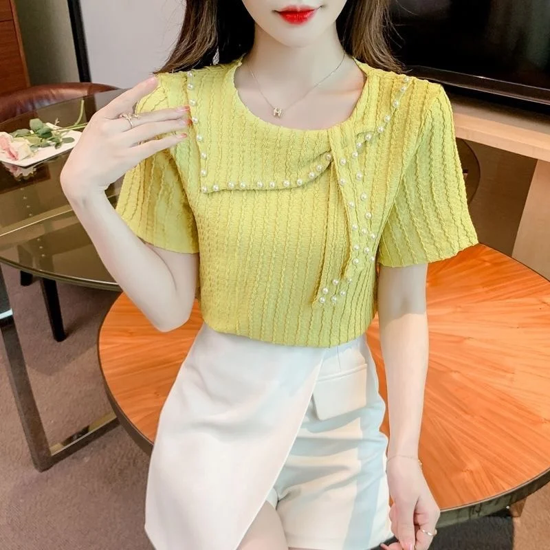 

Elegant Short Sleeve round Neck T-Shirt Women's Embellished Pearl Irregular Hemline Commute Style Polyester Fiber Casual Wear