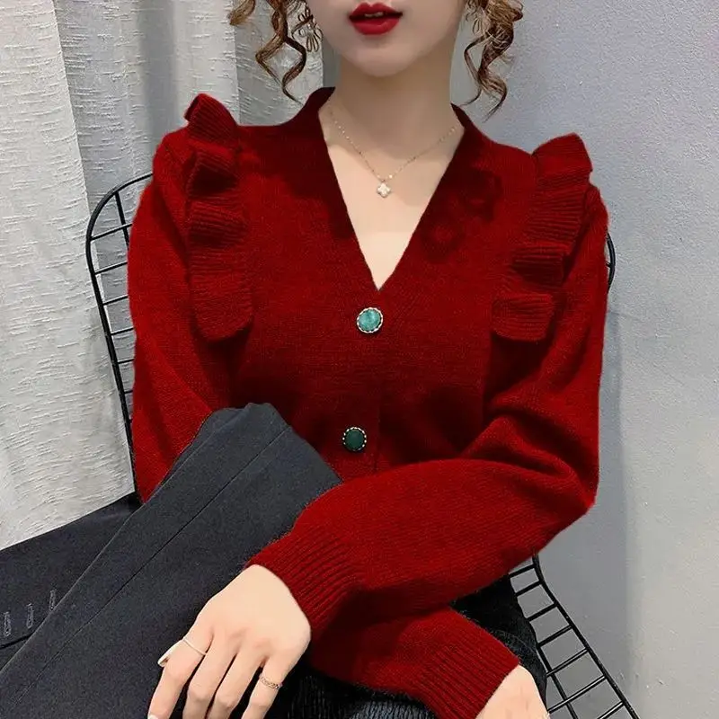 2023 New Women\'s Clothing Long Sleeve V-Neck Knitted Slim Casual Sweet All-match Solid Color Ruffles Button Sweaters Cardigan