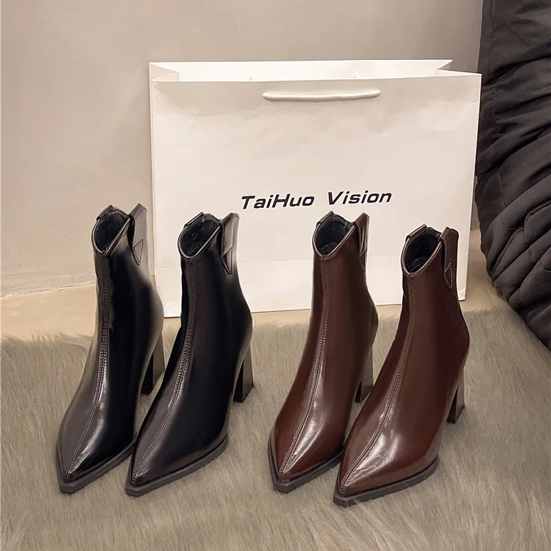 Autumn Winter Leather Chelsea Boots for Women Designer Soft-soled Sexy Women High Heels Shoes Fashion Modern Boots Female