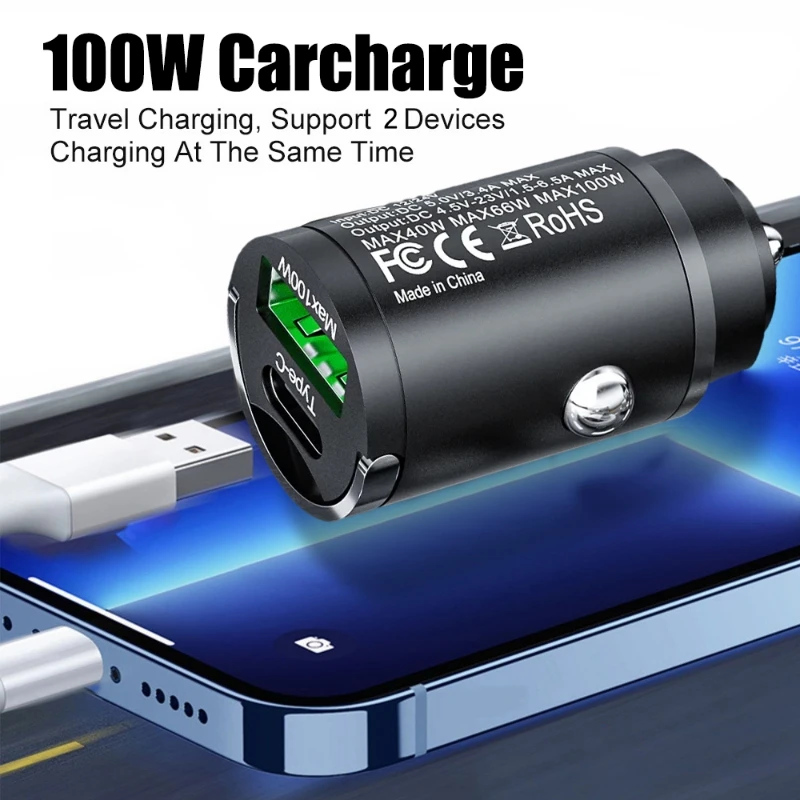 100W Mini Car Charger Dual Ports Pull Ring Fast Charge USB Type C PD30W QC3.0 Car Adapter for iPhone 14 13 12 Xiaomi Samsung