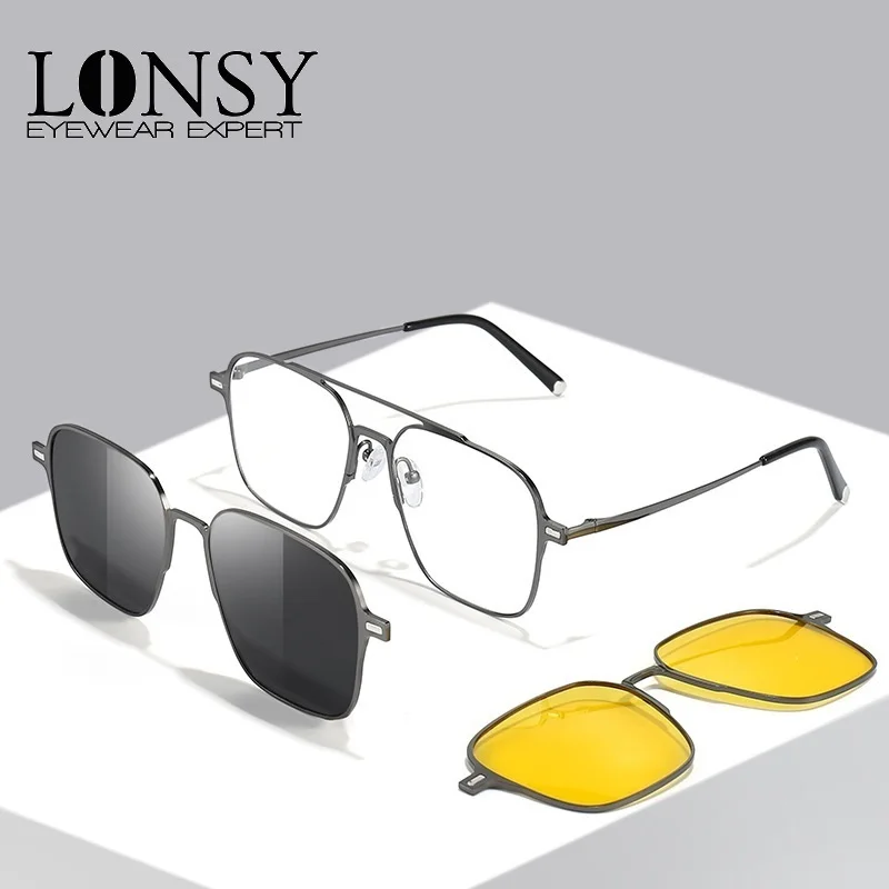 

LONSY 3 In 1 Custom Magnet Myopia Sunglasses Polarized Clip On Sun Glasses Frame Men Women Vintage Optical Prescription Eyeglass