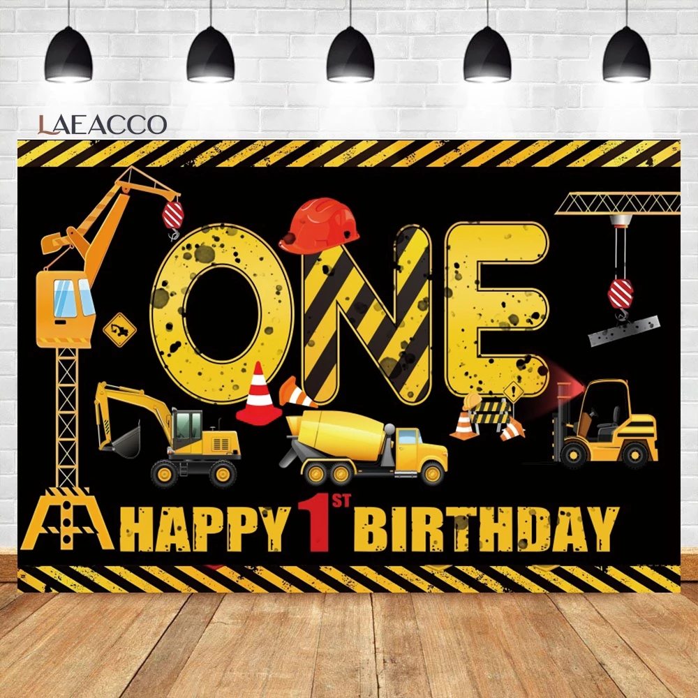 Laeacco Birthday Backgrounds Construction Zone Excavator Truck Crane Builder Boy Newborn Photography Backdrops For Photo Studio