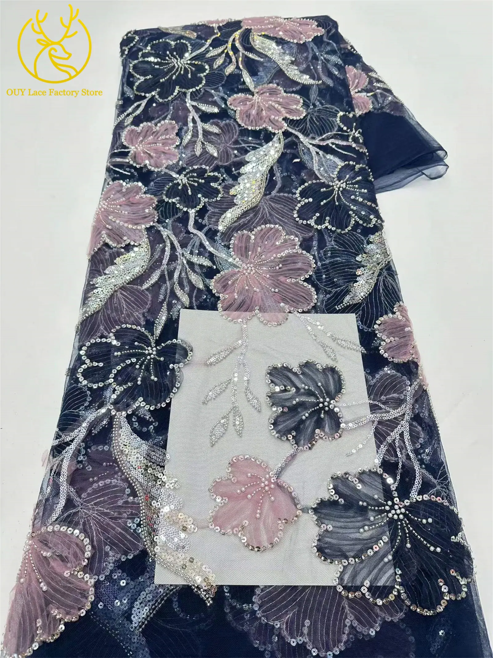5 Yards Modischer Nigerianischer Pailletten-Tüll-Spitzenstoff 2026 Afrikanischer Perlen-Spitzenstoff Französische Spitze für Hochzeitskleider und Partykleider zum Nähen – Detail 19