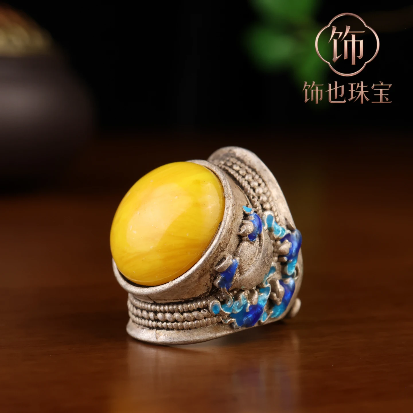 Fashion Jewelry Blue Old Collection Silver Inlaid Jade Ring Jewelry Antique Jade Ring Face Male Opening and Female Jade Ring