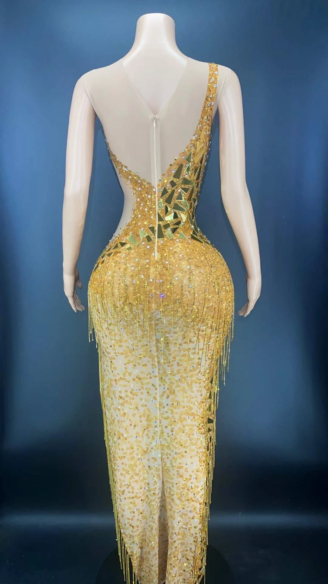 Costume de soirée sans manches en tissu doré brillant, strass miroir, paillettes, Costume de scène pour bal de promo, Jazz, danse latine