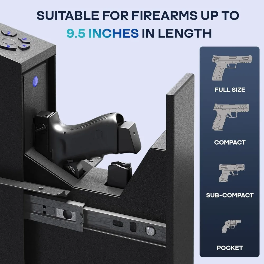 Gun Safe, Biometric Slider Bedside Pistol Safe, Auto Sliding Door Hand Gun Safe for Pistol with 3 Quick Fingerprints, PIN Code,