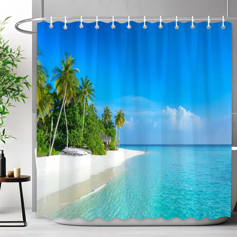 Seaside Scenery Shower Curtain Blue Ocean Beach Tropical Woods Outdoor Nature Landscape Polyester Shower Curtains Bathroom Decor