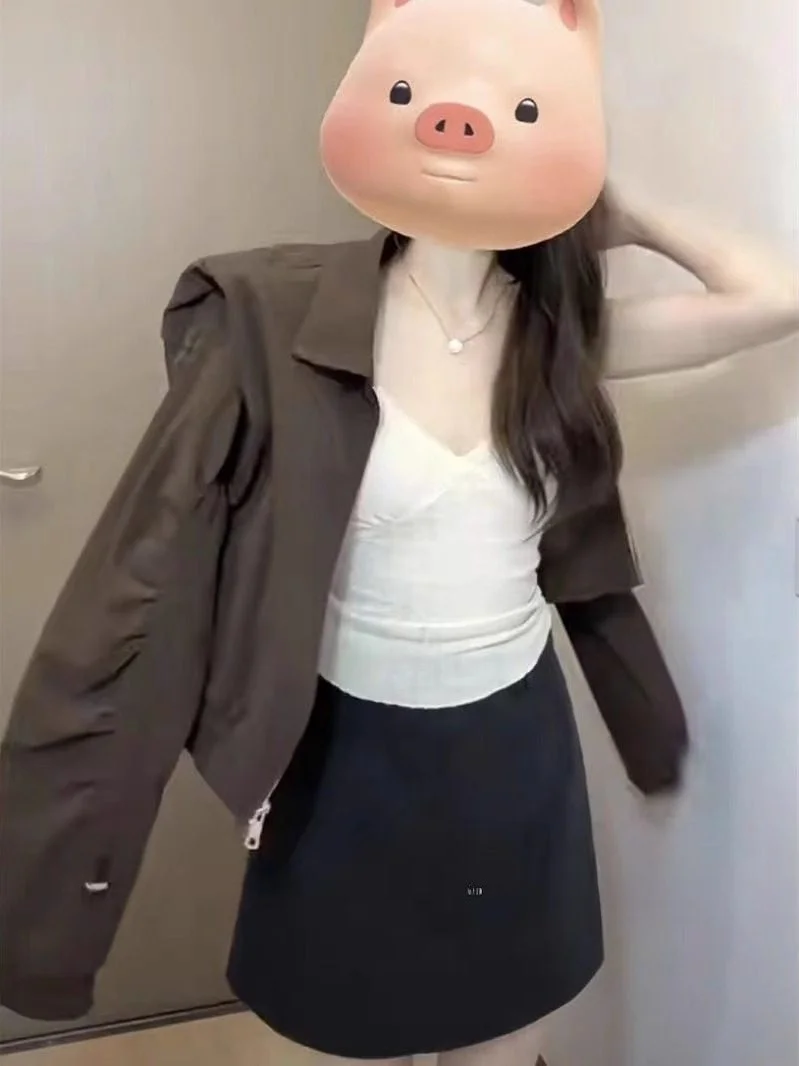 

Модная коричневая утепленная куртка с подплечниками, женское кожаное пальто в винтажном стиле с воротником-стойкой, повседневная одежда для весеннего сезона