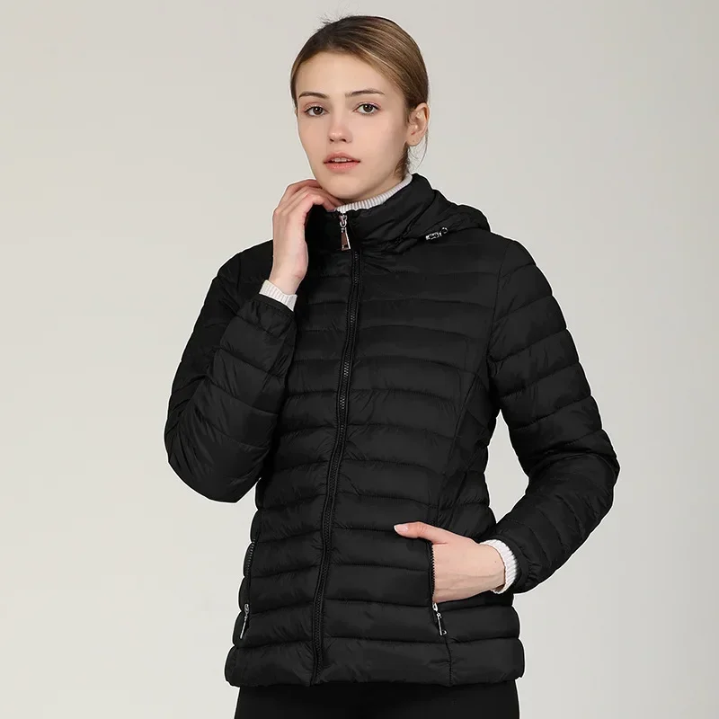 Jaket hoodie hitam wanita, jaket parka katun wanita musim dingin dan musim gugur 2024, mantel hoodie hitam untuk wanita