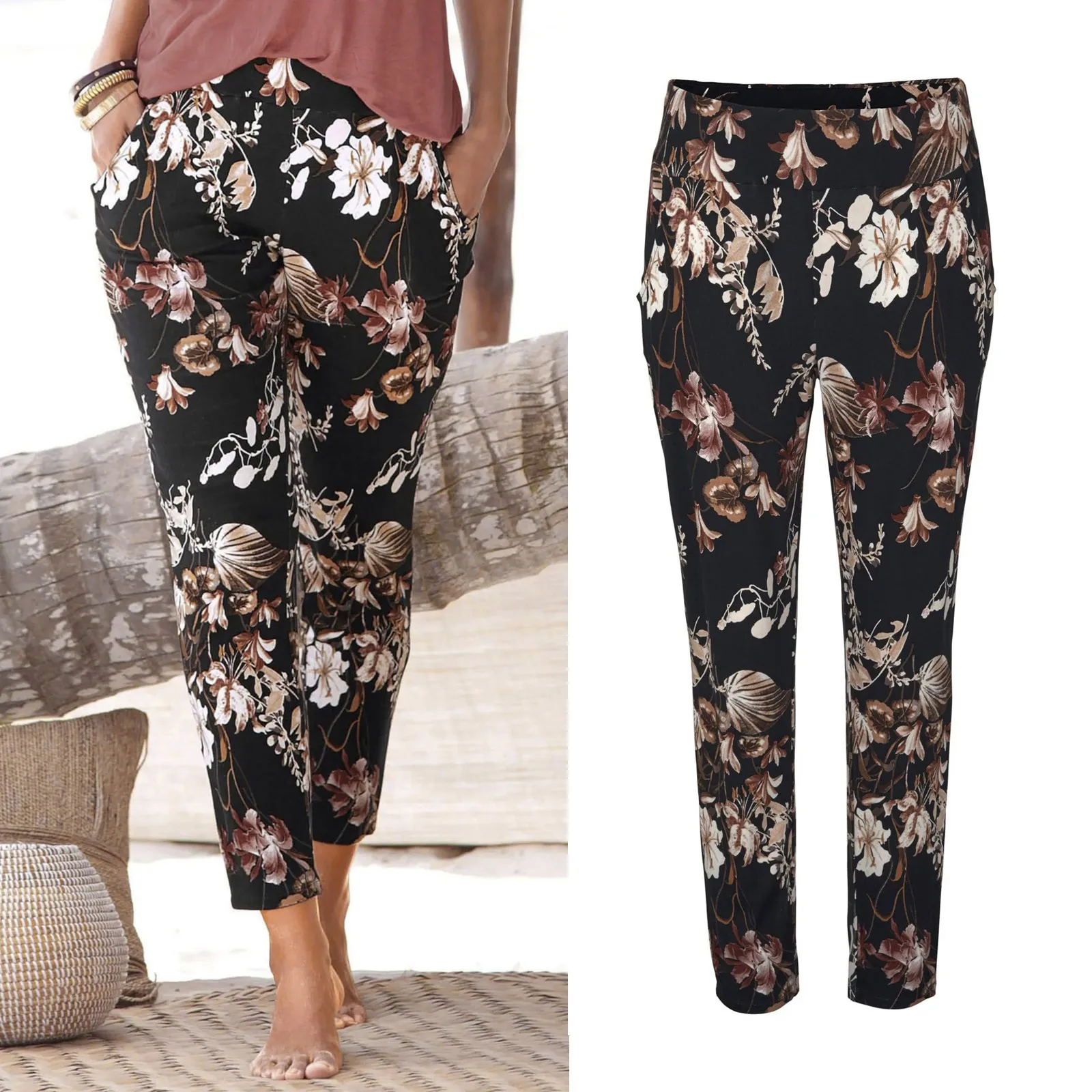 

Female Plus Size Bohemian Pants Women Floral Print Mid Waist Vintage Long Pants Elastic Waist Summer 2023 Streetwear Trousers