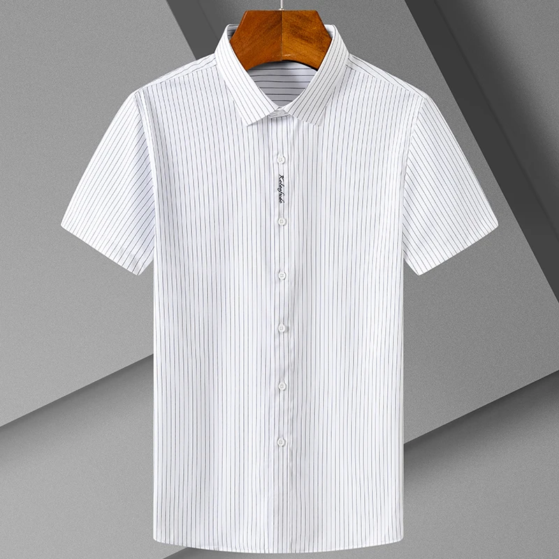 Casual elastic short sleeve shirts for men striped slim fit social shirt quality embroid button tops soft formal white clothes