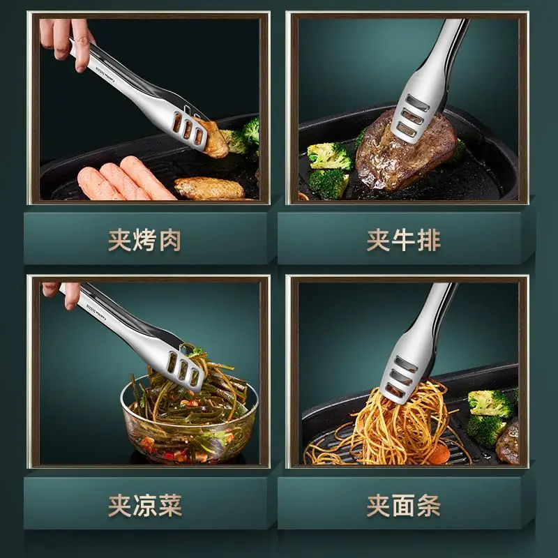 Stainless Steel Kitchen Tongs 3-Slot Hollow Design Oil Draining Heat Resistant Non Slip Cooking Clip for BBQ Steak Frying Baking